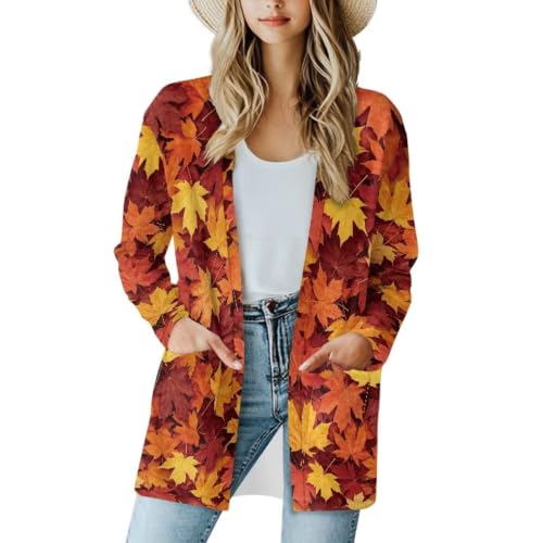 Image of Fall Maple Leaf Cardigan Sweaters for Women Long Sleeve Cardigan Soft Drape Open Front Dusters V-Neck Jackets Dressy