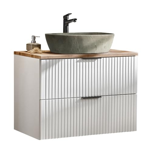 Lomadox Badmöbel Waschtisch Set Unterschrank weiß matt gerillt mit Wotaneiche, Keramik-Waschbecken Beton-Optik, 2 Softclose-Schubkästen, B/H/T 80,6/74,2/46,5 cm