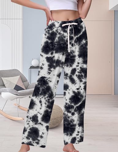 Image of Veseacky Women's Wide Leg Lounge Pants Yoga Pajamas Comfy Stretch Drawstring Pajamas Puls Size Dance Bottoms S-4XL