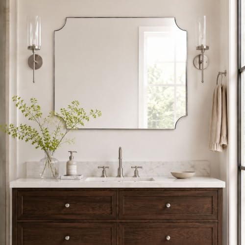 Image of TEHOME 24x30'' Chrome Scalloped Bathroom Mirrors, Silver Decorative Bathroom Vanity Mirror