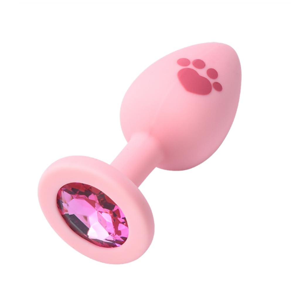 BeHorny Butt Plug 2.76" Pink Silicone Anal Plug Cat Paw Design, Pink Gem Base with Gift Box