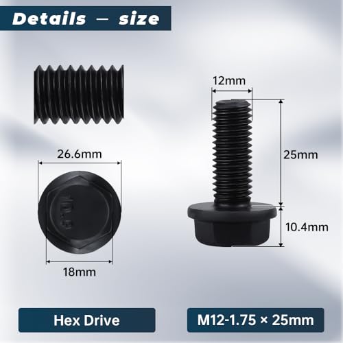 Image of Glvaner M12-1.75 x 25mm (8 pcs) Alloy Steel Flanged Washer Head Hex Bolts, Extra-Large Washer Head, 10.9 Grade Black Oxide Finish GB5789 Full Thread