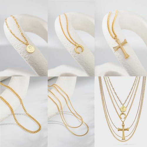 Gold Layered Necklace for Women, 18K Gold Plated Coin Cross Pendant Necklace Chunky Chain Choker Gold Layering Necklaces for Women4