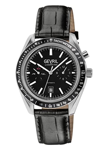 Gevril 49002-1 Men's Lenox Swiss Automatic Watch, Genuine Italian Blk/Blk Stitching Leather Strap