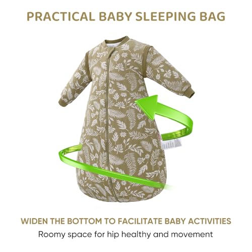 Image of Baby Sleep Sack, TOG 2.5 Winter Wearable Blanket, Removable Long Sleeves Baby Sleeping Bag for Infants and Toddlers, Super Soft Warm Comfortable Sleeping Sack, White Leaf, 0-6M