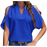 Cold Shoulder Tops for Women Summer Dressy Short Sleeve V Neck Cut Out Casual Shirt Loose Plain Open Blouse Blue