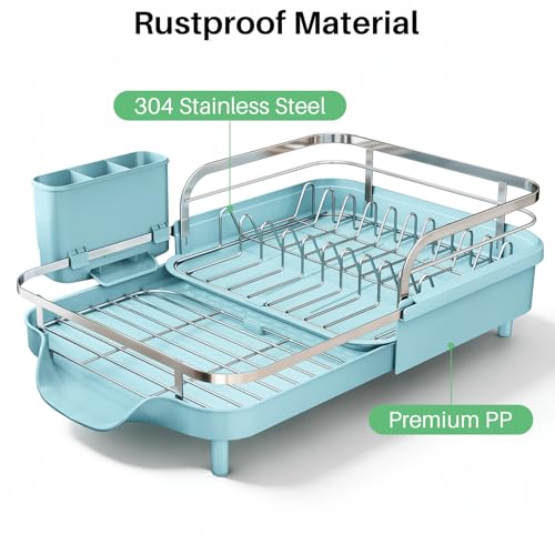 Image of SNTD Dish Drying Rack, Expandable Dish Rack for Kitchen Counter, Stainless Steel Dish Drainer with Drainboard Set and Utensil Holder (Blue)