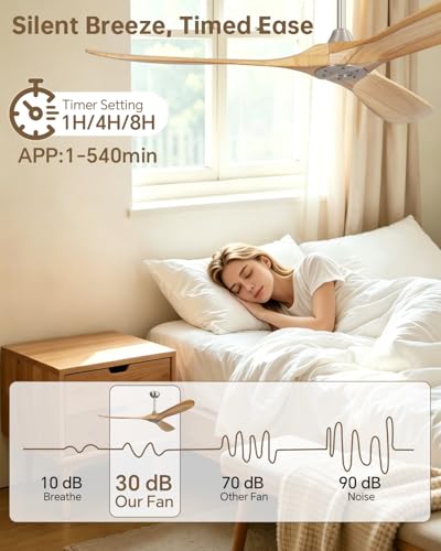 Image of Sofucor 60 Inch Smart Wood Ceiling Fan No Light, Alexa /App /Remote Control | Ceiling Fan without Light, Quiet Reversible DC Motor, 6 Speeds, Indoor /Outdoor /Bedroom /Living Room /Patio, Natural Wood