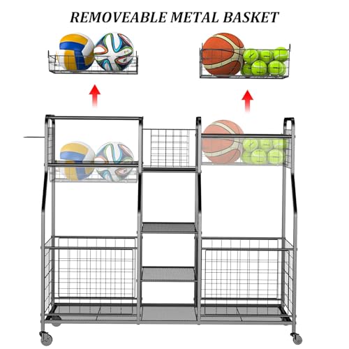 Garage Sports Equipment Organizer - Ball Storage Rack with Elastic Rope or Wire Mesh,Garage Organizer System with Wheels,Indoor/Outdoor Sports Rack for Sports Gear and Toys Storage,Black