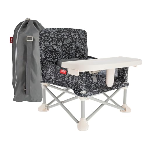 Image of Nuby Pop-Up Booster Seat with Removable Tray - 6+ Months - Portable Booster Seat for Floor Indoor/Outdoor Use - 3-Point Safety Adjustable Straps - Summer Travel Essentials - Black and White