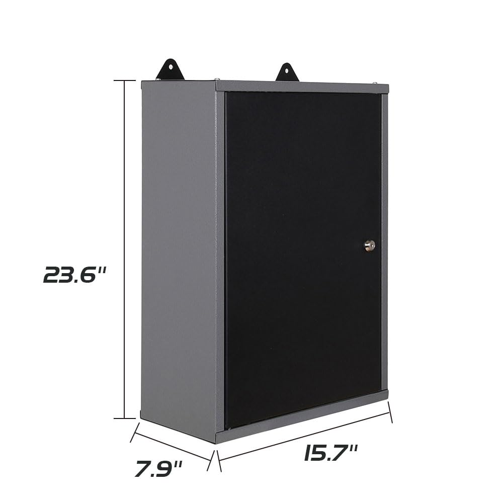 JZD Metal Wall Hanging Cabinet, 24-Inch Length Storage Cabinet with 1 Locking Door, for Garage, Home, Office, Factory, Black and Gray