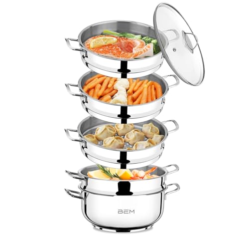 BEM Dampfkocher: 6-tlg Set aus Edelstahl 18/10, Ø 26 cm, Russische Mantowarka mit Dampfeinsatz und Glasdeckel, Dampfkochtopf, Gardampfkochtopf Set, NICHT induktionsgeeignet