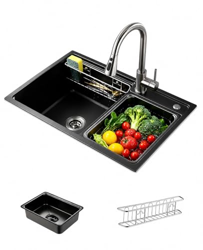 Baollansa Fregadero de Cocina de Acero Inoxidable 68x46 cm, 1 Cubeta con Sifón, Desbordamiento y Accesorios de Vaciado, Fregadero Moderno Multifuncional Negro para Encimeras  80 cm (Gris Negro)
