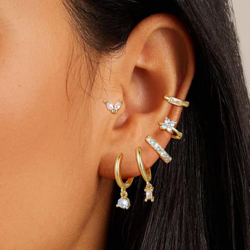 6 Pairs Earring Stacks 14k Gold Plated Gold Hoop Studs Earrings Cartilage Earring Stacks Hypoallergenic Earring Sets Trendy Fashion Jewelry4