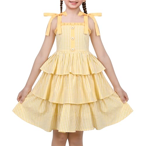 Sunny Fashion Girls Dress Spaghetti Gingham Ruffle Light Yellow Plaid Casual
