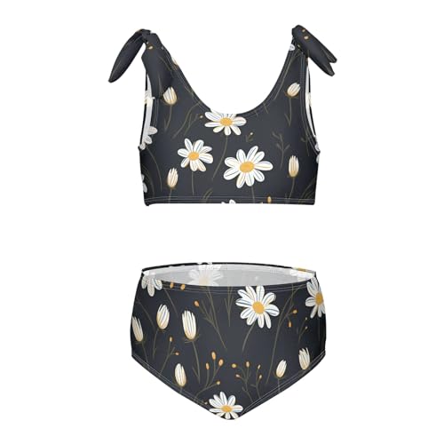 Girls' Bikini Set, White Daisy Black Kids Swimsuit 2 Pcs Beach Bathing Suit