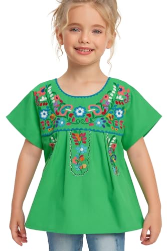Image of YZXDORWJ Mexican Blouse for Girls Traditional Embroidered Summer Short Sleeve Peasant Blouse for Kids