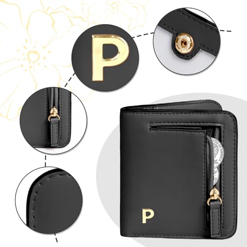 Image of COSHAYSOO Womens Initial Letter RFID Small Wallets Monogram Slim Thin Woman Wallet Travel Credit Card Cash Coin Holder, Customized Practical Useful Birthday Gifts for Sister Bestie Sibling Black P