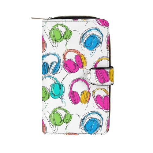 Colorful Headphone Pattern Fashion Women's Wallet RFID Blocking Bifold Clutch Purse Compact Card Holder 19.7x11x3.5cm