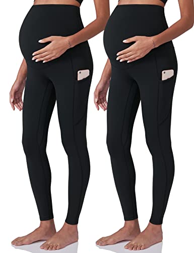 POSHDIVAH Umstands-Leggings für Damen, Yoga-Hose für Schwangere mit Taschen, die über den Bauch reichen, weiche Aktivbekleidung für den Alltag, 2 Stück Schwarz, S