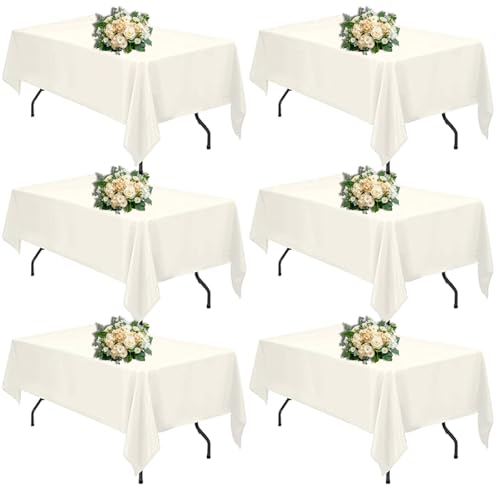 FINDYOU Ivory 6 Pack Polyester Table Cloth 60 x 84 Inch, Rectangle Tablecloths for 6 Foot Tables Washable Table Cloth for Party Wedding