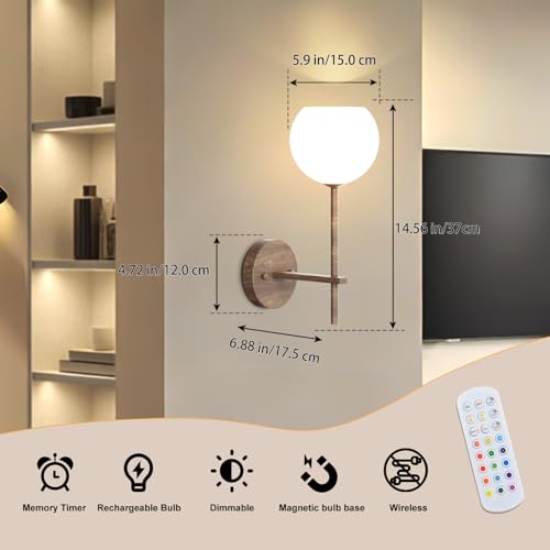 Image of Walnut Grain Battery Operated Wall Sconces Set of 2, Rechargeable Wireless Wall Lights with Milky White Frosted Glass, 12 RGB and 3CCT Dimmable, Wall Lamps with Remote for Bedroom Living Room Hallway