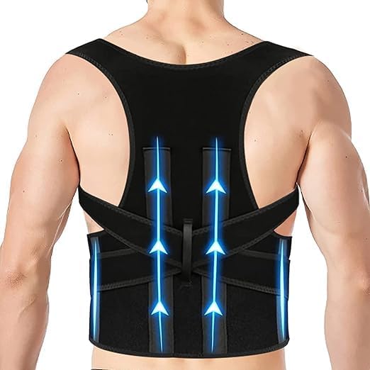 Premium Back Brace with Dual Steel Metallic Plate Support | Adjustable Posture Corrector Belt for Men and Women | Upper and Lower Back Support Shoulder Brace | Breathable Free Size Black-image-38