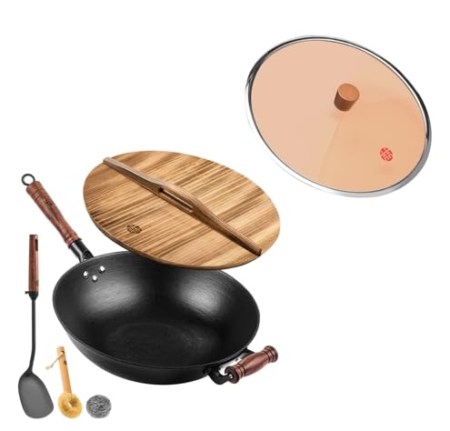 Wok de hierro con tapa de madera de 12.6 pulgadas