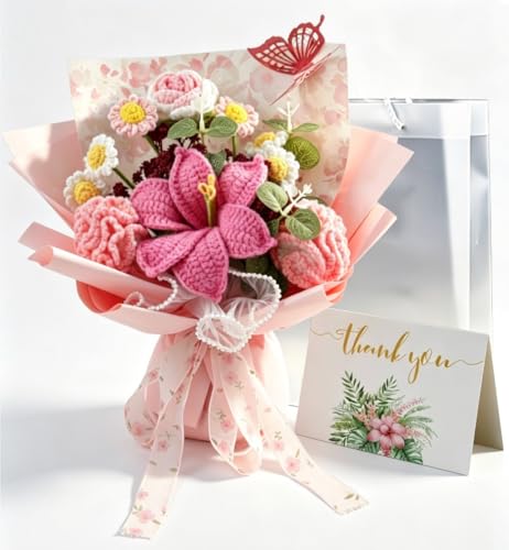 MuxyFloral Handmade Crochet Flower Bouquet Elegant Knitted Lily with Butterfly & Gift Bag Sturdy Standing Base Artificial Floral Arrangement Unique Mothers Day Birthday Gift for Her (Pink)
