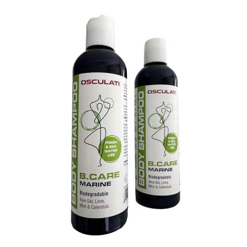 Set 2 Doccia Shampoo Marino Altamente Biodegradabile. Ecocompatibile per Acqua di Mare e Acque Interne. 2 Flaconi da 250 ml ciascuno. Per Pelle e Capelli di tutta la Famiglia.