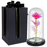 DEEMEI Gifts for Women, Birthday Gifts Galaxy Glass Rose Crystal Flower Gift Light Up Rose in Glass Dome, Colorful Rainbow Artificial Flowers Pink Rose for Her Mom Wife