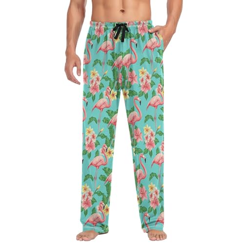 Vdsrup Men's Pajama Pants Flamnigo Summer Flowers Pajama Pants for Men PJs Bottoms Drawstring Pockets Sleep Lounge Pants S3