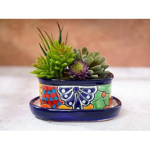 Enchanted Talavera Mexican Talavera Ceramic Succulent Pot Mini Flower Planter Cactus Bonsai Pot W/Drainage & Drip Dish Home Garden Office Desk Décor Gift Set (Cobalt) Cover