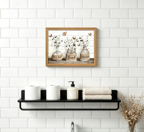 Framed Farmhouse Bathroom Canvas Wall Art Brown Rustic Cotton Flower Painting Picture Wall Decor Modern Relax Soak Unwind Sign Poster Print Artwork for Living room Restroom Home Decoration — view 6