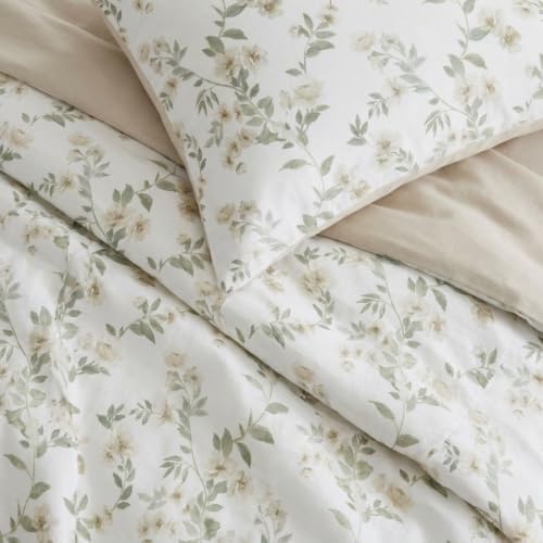 Image of Martha Stewart - Queen Comforter Set, Soft Cotton with Crisp & Tailored Naturally Smooth Cotton Percale Reverse, 3 Piece Bed Set with Matching Pillowcases (Hazel Floral Beige)