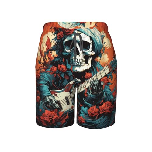 Boys Swim Trunks Beach Board Shorts Summer Bathing Suits Teen Kids, Skull Playing Guitar Cool Art