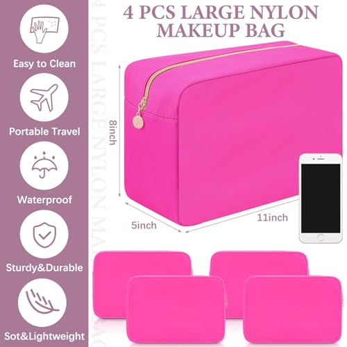Hushee 4 Pcs Nylon Makeup Bag Christmas Gifts Preppy Zipper Pouch Nylon Toiletry Bag Waterproof Storage Bag for Women Organizer(Large,Hot Pink)2