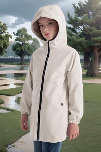 Image of SOLOCOTE Girls Rain Jacket Waterproof & Windproof Hooded Rubber RainCoats for kids (Size 5-14Y),SLN2112-White-7-8Y
