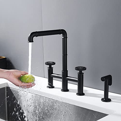 Cogitil Industrial Bridge Kitchen Sink Faucet With Pull-Out Side Sprayer, Centerset  2-Handle Kitchen Faucet, Black #TOP1