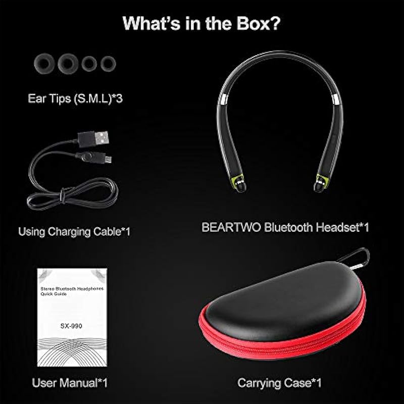 Bluetooth Headphones, Upgraded Foldable Wireless Neckband Headset with Retractable Earbuds, Noise Cancelling Stereo Earphones with Mic for Workout, Running, Driving (with Carry Case) Black 상세이미지 7