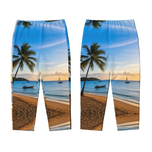 Pajama Pants Pajama Bottoms with Elastic Waistband Sleepwear Lounge Pants, Beach Coconut Tree Boat3