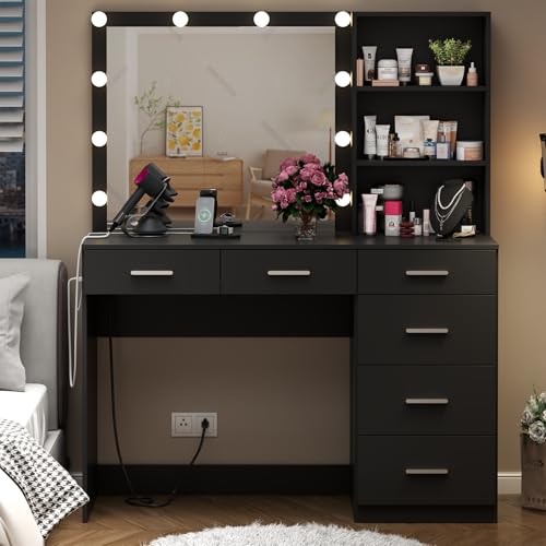 Loomie Vanity Desk with Lighted Mirror & Power Outlet, Makeup