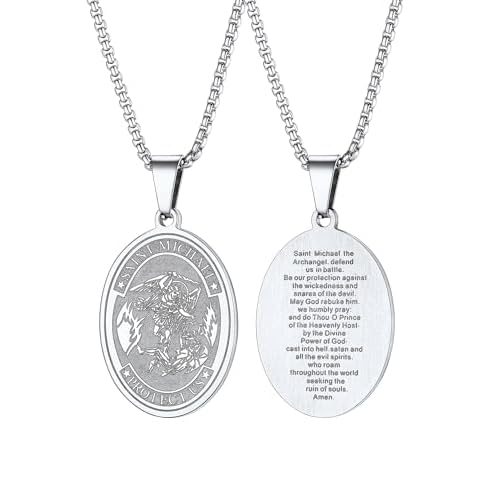 PROSTEEL Saint St Christopher/Benedict/Michael Medal Necklace for Men, 316L Stainless Steel Protection Necklace Catholic Jewelry, 22"-24" Adjustable, Come with Box Silver 2. Saint Michael-Ov