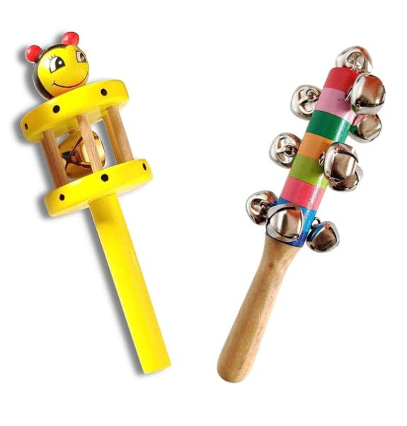 Wooden Baby Rattles Pack of 2 no's - Eco Friendly Hand Made Non-Toxic Toys - Infants Music Makers (Cage+Junjuna)