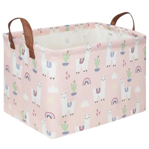 Image of FXOLCSHE Rectangular Pink Alpaca Basket,Collapsible waterproof nursery laundry basket,Toy nursery, kids clothes gift basket with handles,Kids Room Decor(Alpaca)