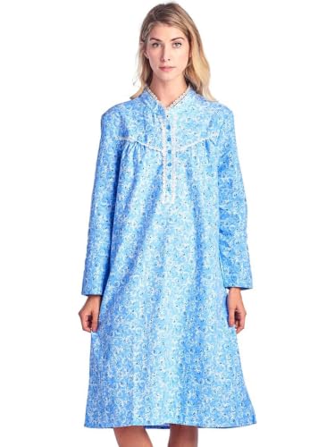 Casual Nights - Flannel Floral Long Sleeve Nightgowns for Women | Blue | 3X | Soft Lightweight Cotton & Lace Trim | Comfortable Sleep or Lounging | 6 Button Front with 38 Inch Length