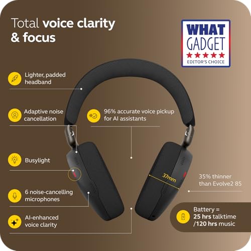 Image of Jabra Evolve3 85 Over-Ear Wireless Bluetooth Headset with Microphone for Work, AI Voice Call Technology, Adaptive Active Noise Cancellation, 25-Hour Battery, USB-C, Microsoft Teams Certified, Black