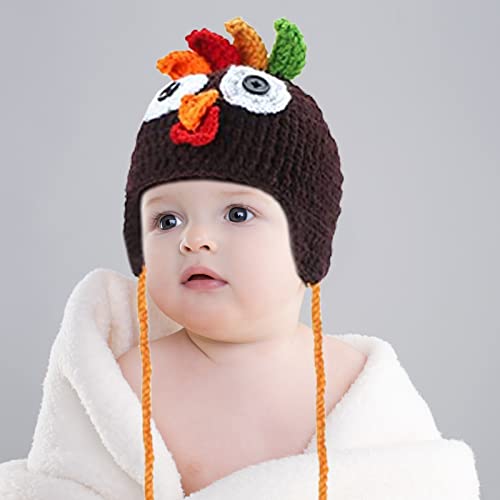 Baby Thanksgiving Christmas Beanie Turkey Hat and Stickers Brown Turkey Knitted Cap with Ear Flap Elk Hat Photo Prop3