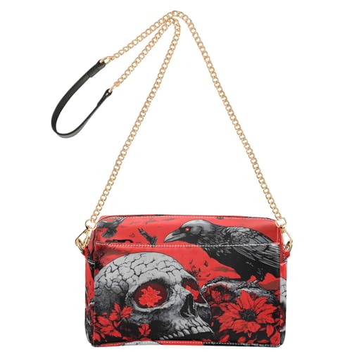 Gothic Skull Crow Women's PU Leather Crossbody Bag Shoulder Handbag Cellphone Purse with Metal Chain Strap Water Resistant Zipper Closure