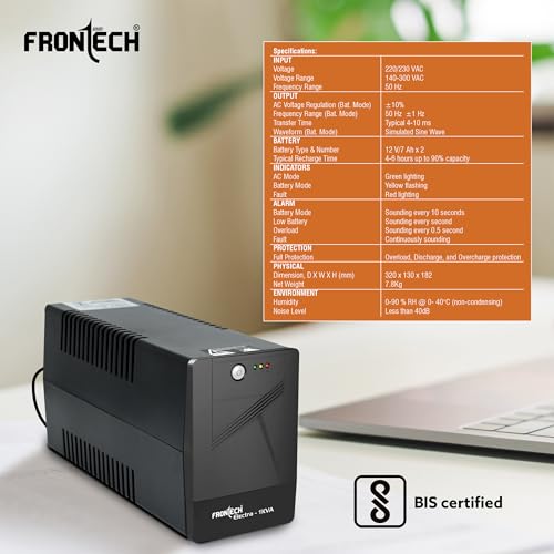 Image of FRONTECH UPS Electra Static Converter - 1KVA /600W | 12 /7Ah x 2 Lead Acid Batteries, Maintenance Free Battery, LED Indicator, Power Backup & Protection for Home /Office PC and Desktop, (2566 - Black)